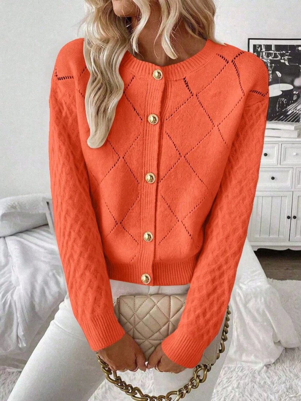 Coral Orange Casual Women's Hollow-Out Cable Knit Diamond Pattern Cardigan